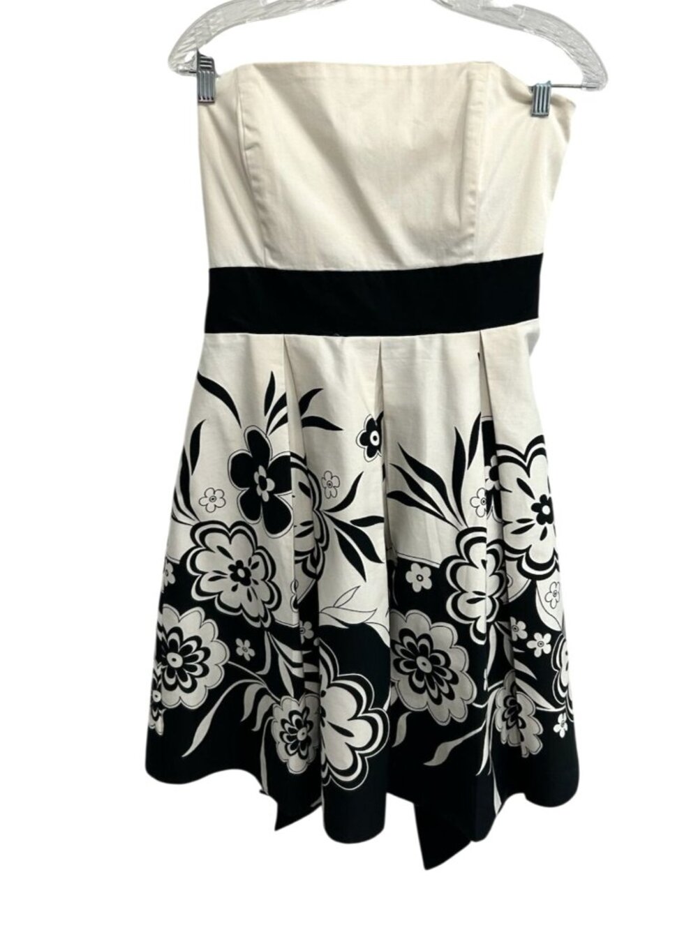 APNY Small Strapless White Black Waistband Floral Dress Bow Back Timeless Retro